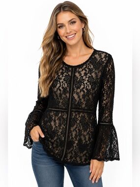 Shannon Ford Women's Black Lace Bell-Sleeve Top